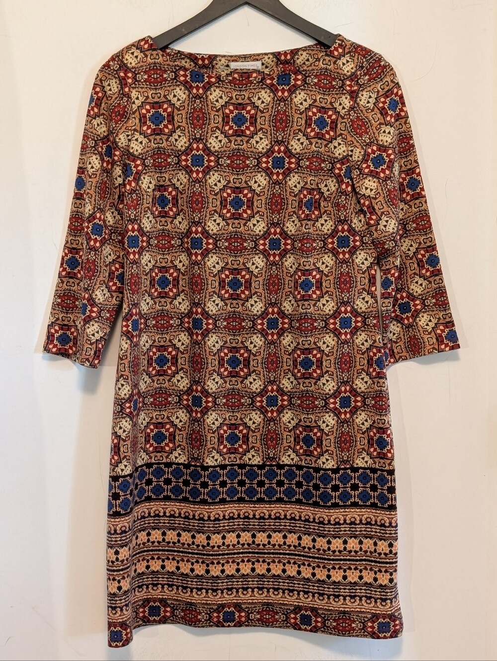 London Times Dress Womens 8 Boho Medallion Print Knit 3/4 Sleeve Shift Boatneck